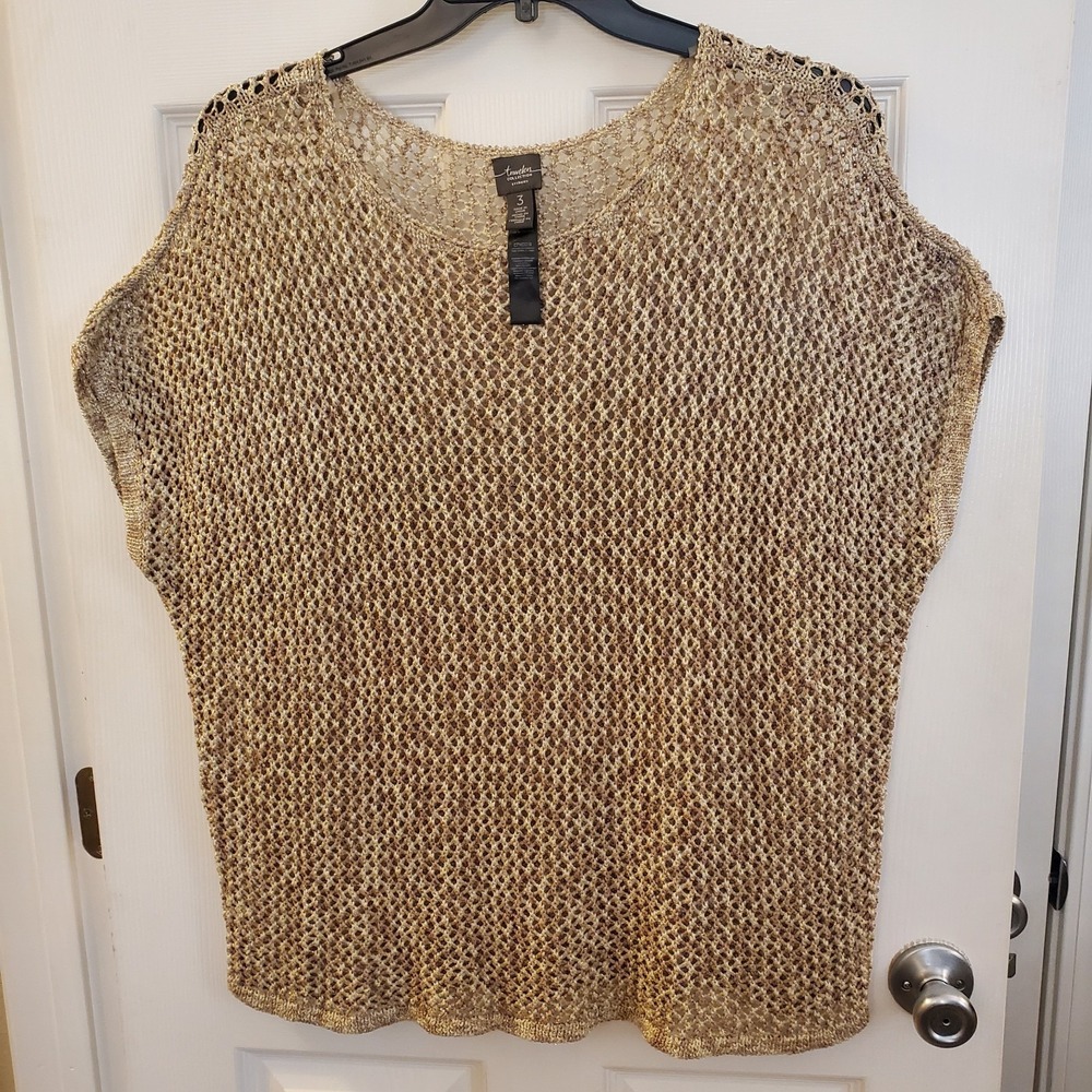 Chico's Travelers sz‎ 3 Open Knit short slv Sweater gold metallic crochet casual
